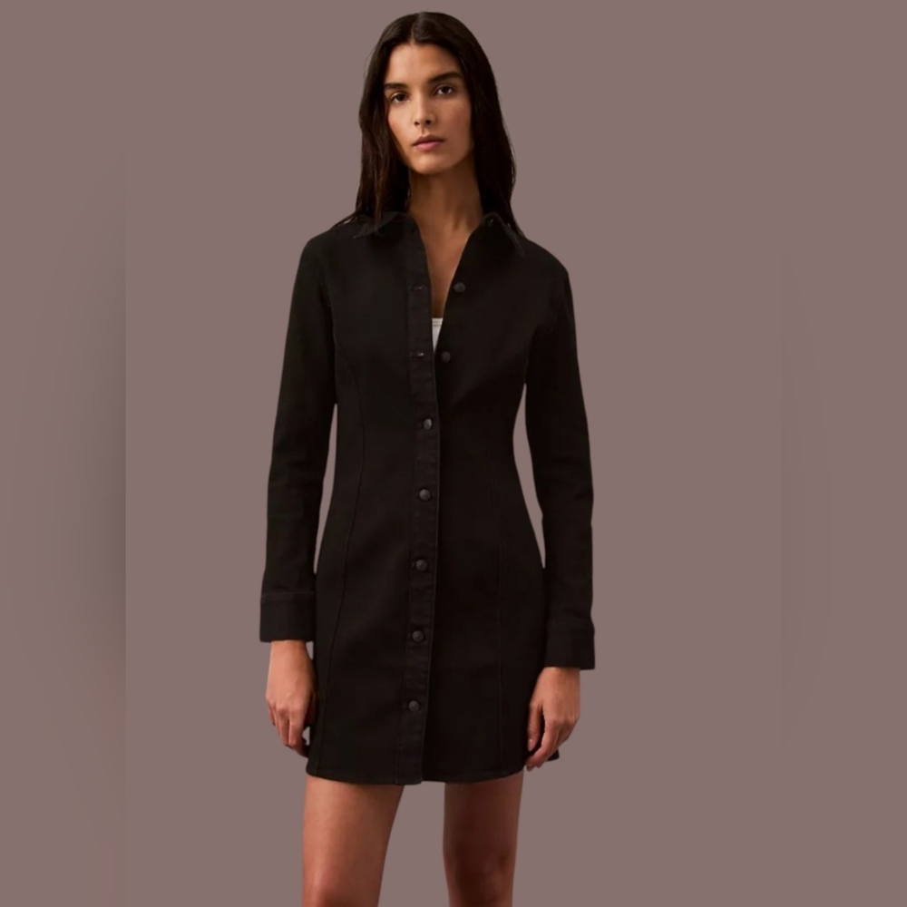 Womens Calvin Klein Black Long Sleeve Denim Button Down Short Dress MSRP $109